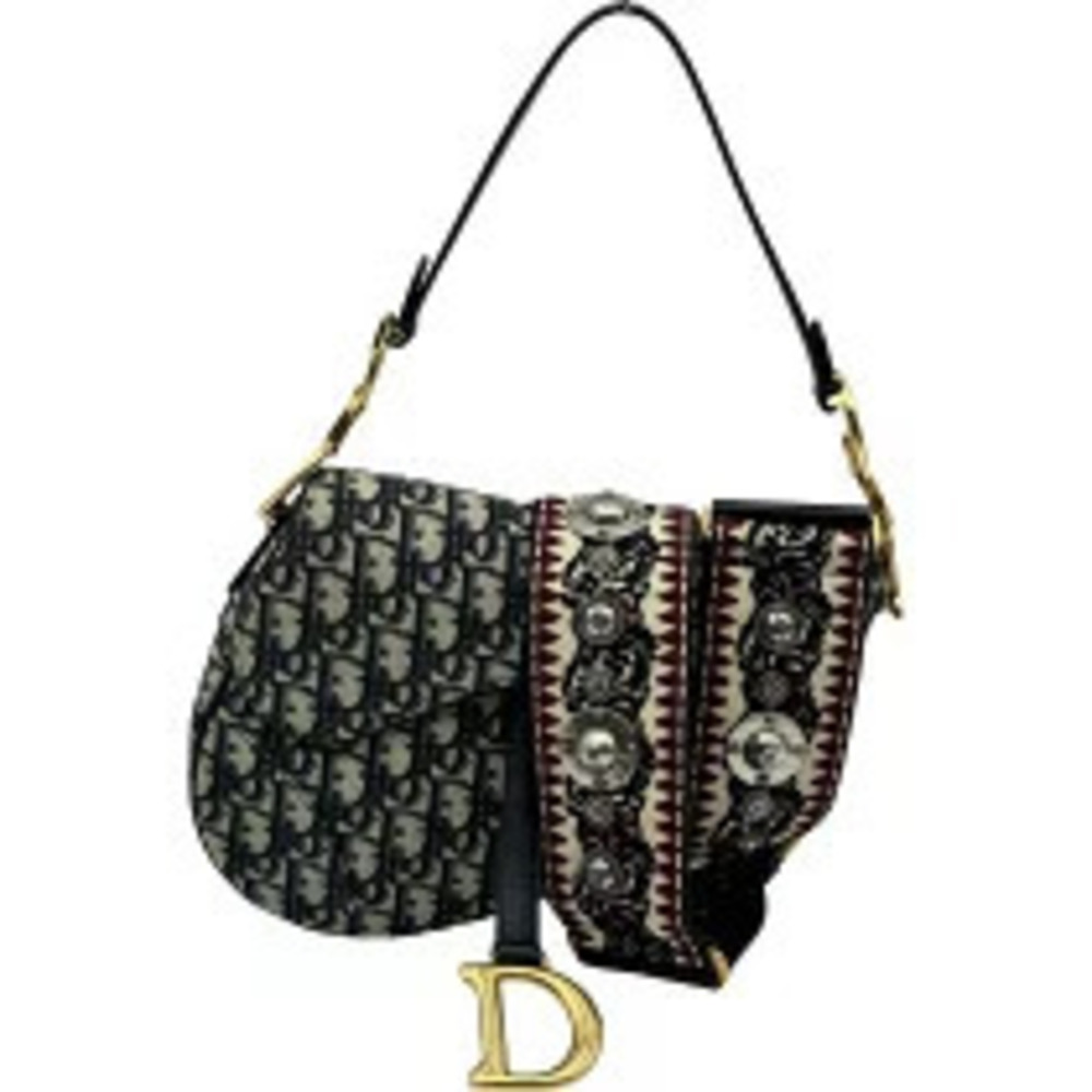 Christian Dior Oblique Saddle Bag Navy Blue Canvas Shoulder